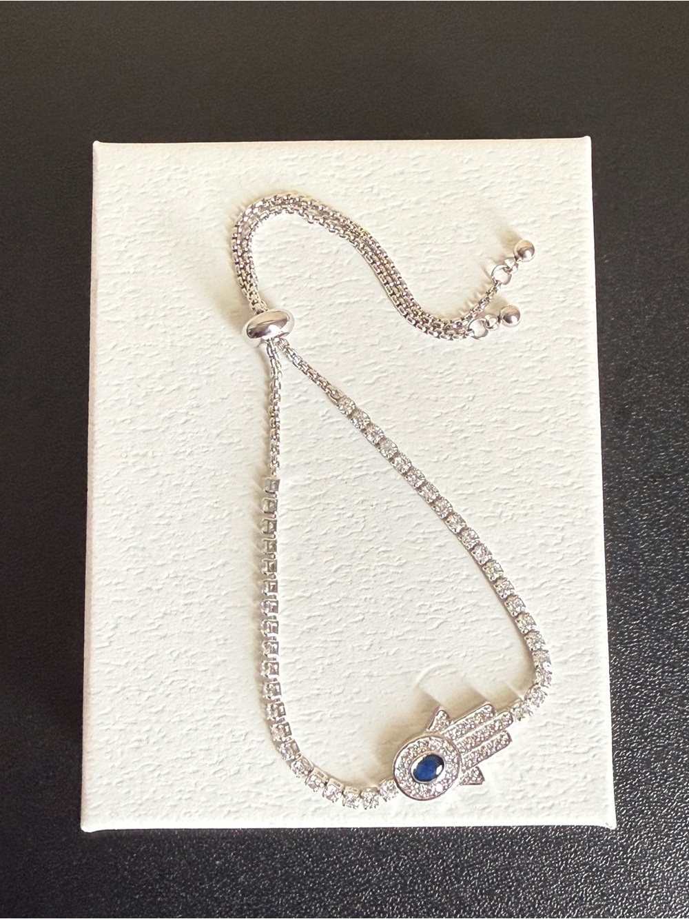18K White Gold Filled Adjustable Hamsa Evil Eye Tennis Bracelet AAA CZ